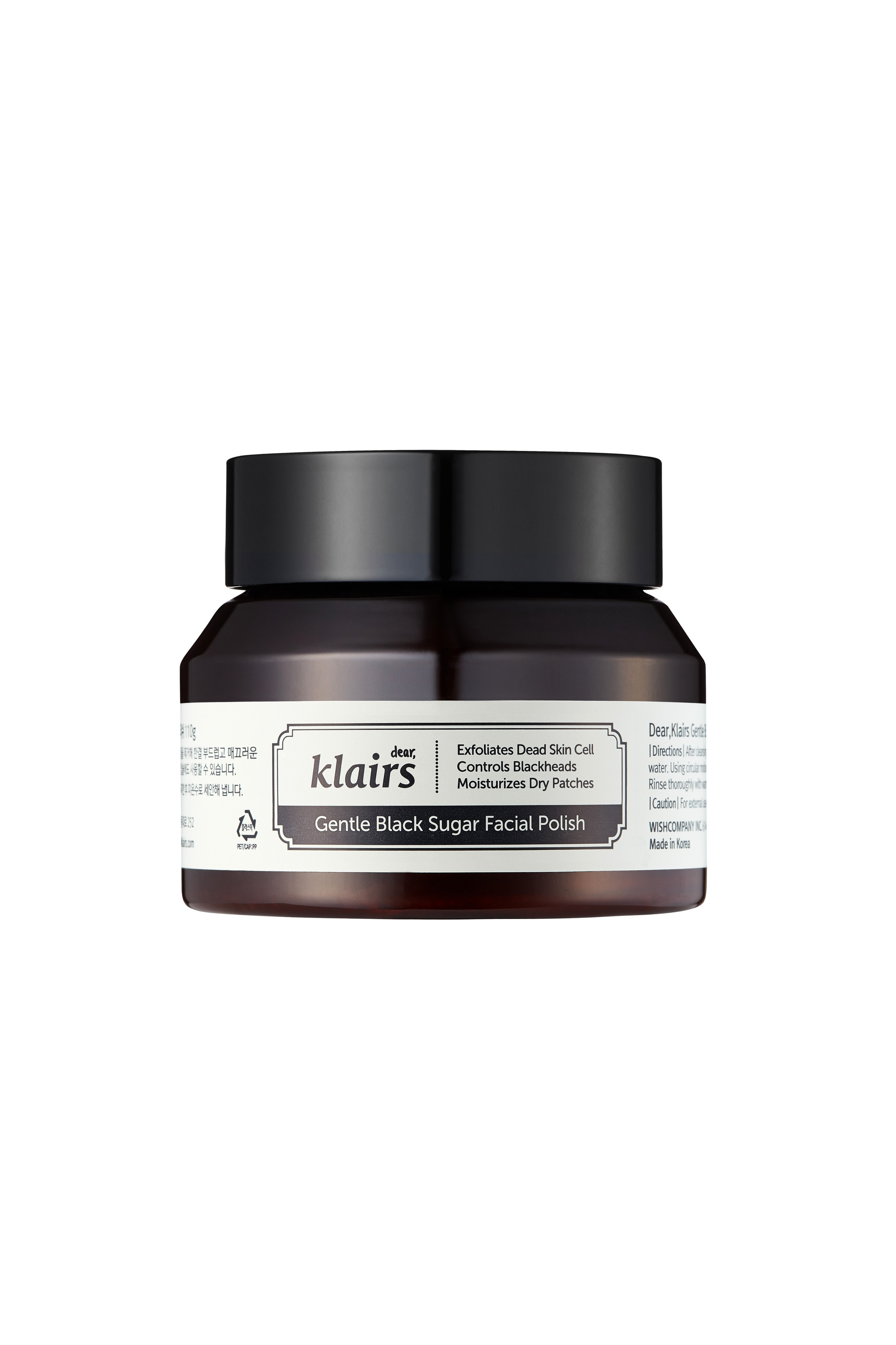 Klairs Gentle Black Sugar Facial Polish 110g white background. Available for purchase at Sinless Skincare.