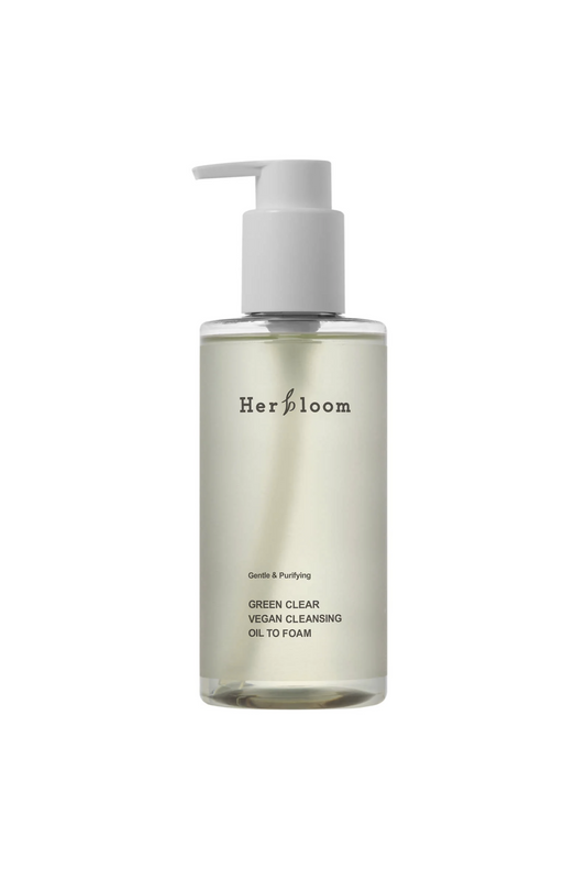 Herbloom's Green Clear Vegan Cleansing Oil To Foam against a white background.