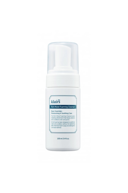 Klairs' Rich Moist Foaming Cleanser against a white background. Available for purchase at Sinless Skincare.