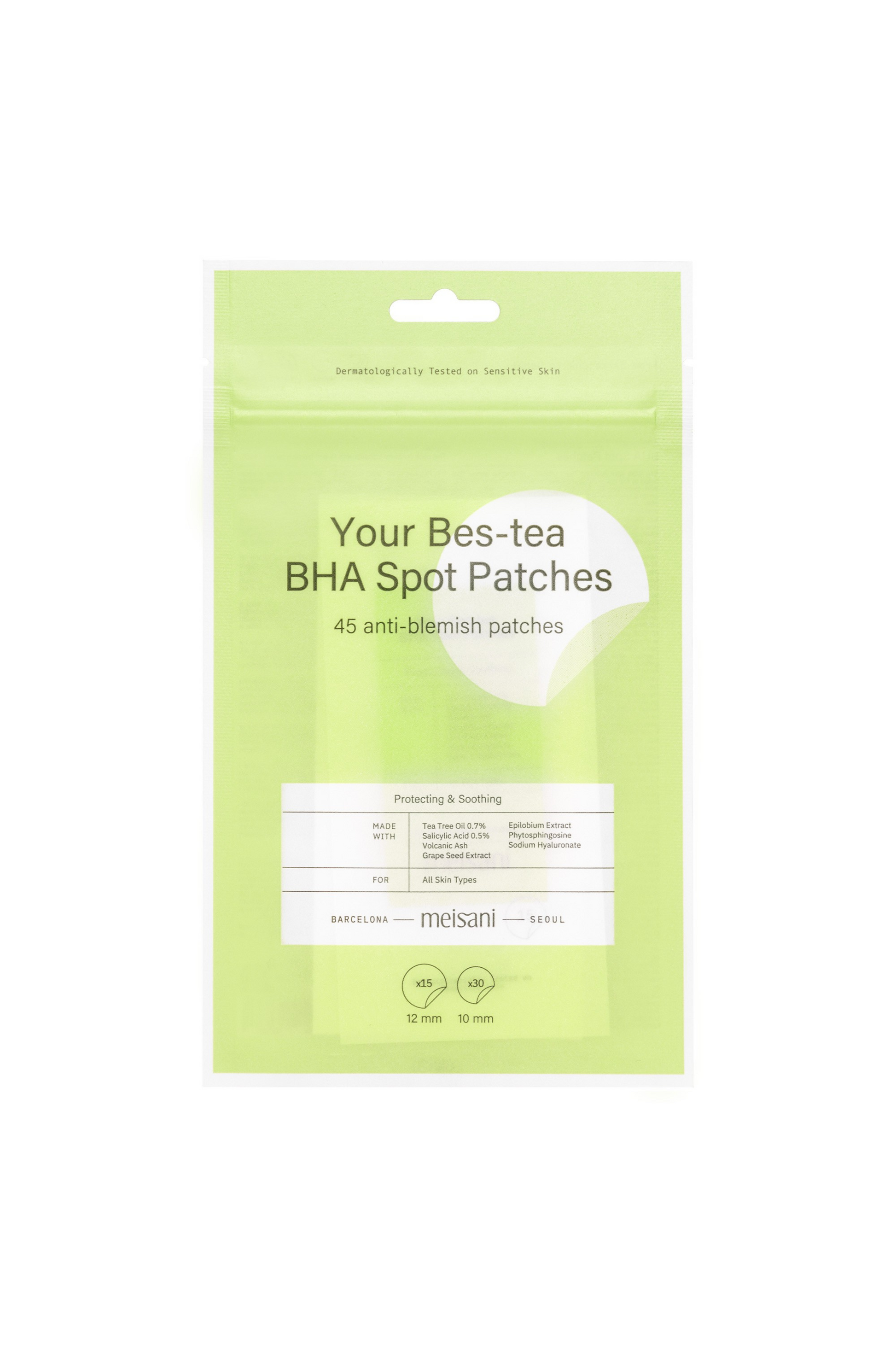 Package of Meisani's Best-TEA Spot Patches against a white background. Available at Sinless Skincare.