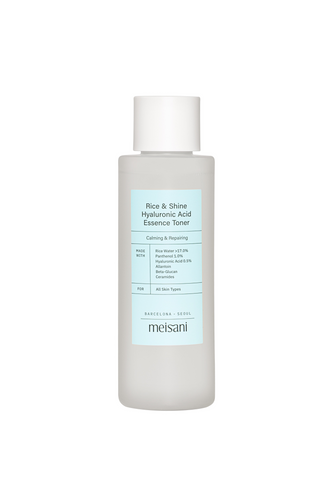 Meisani's Rice & Shine Hyaluronic Acid Essence Toner against a white background 150ml. Available for purchase at Sinless Skincare.