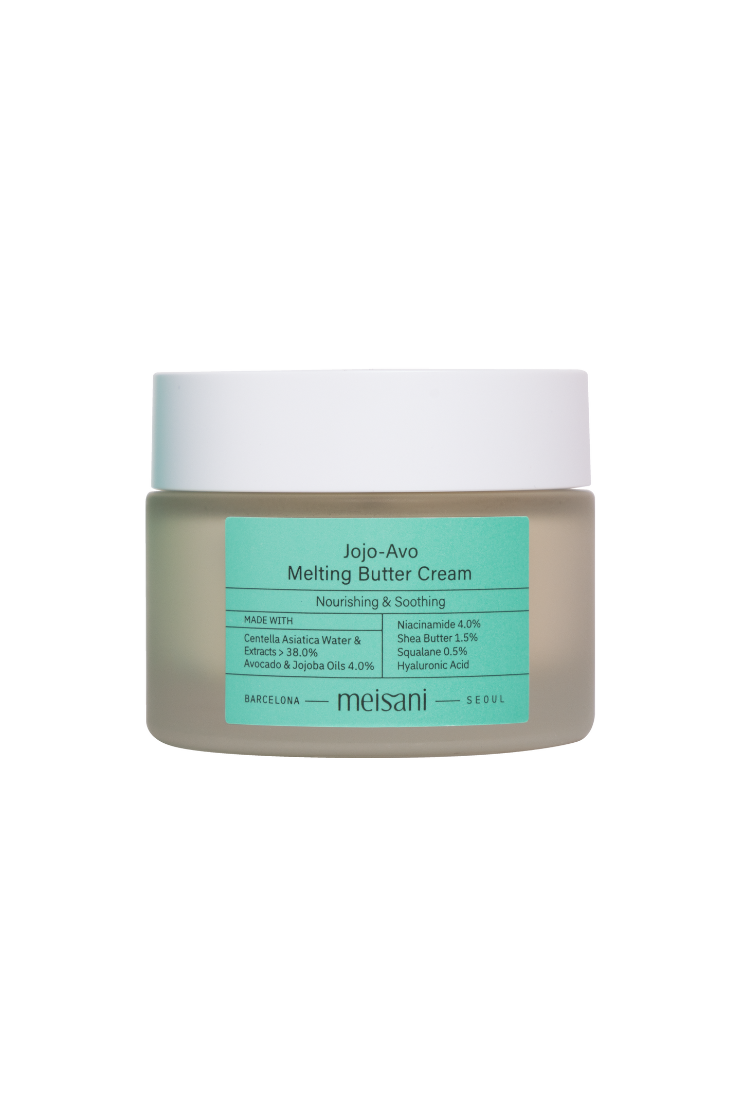 Meisani Jojo-Avo Melting Butter Cream against a white background. Available for purchase at Sinless Skincare.