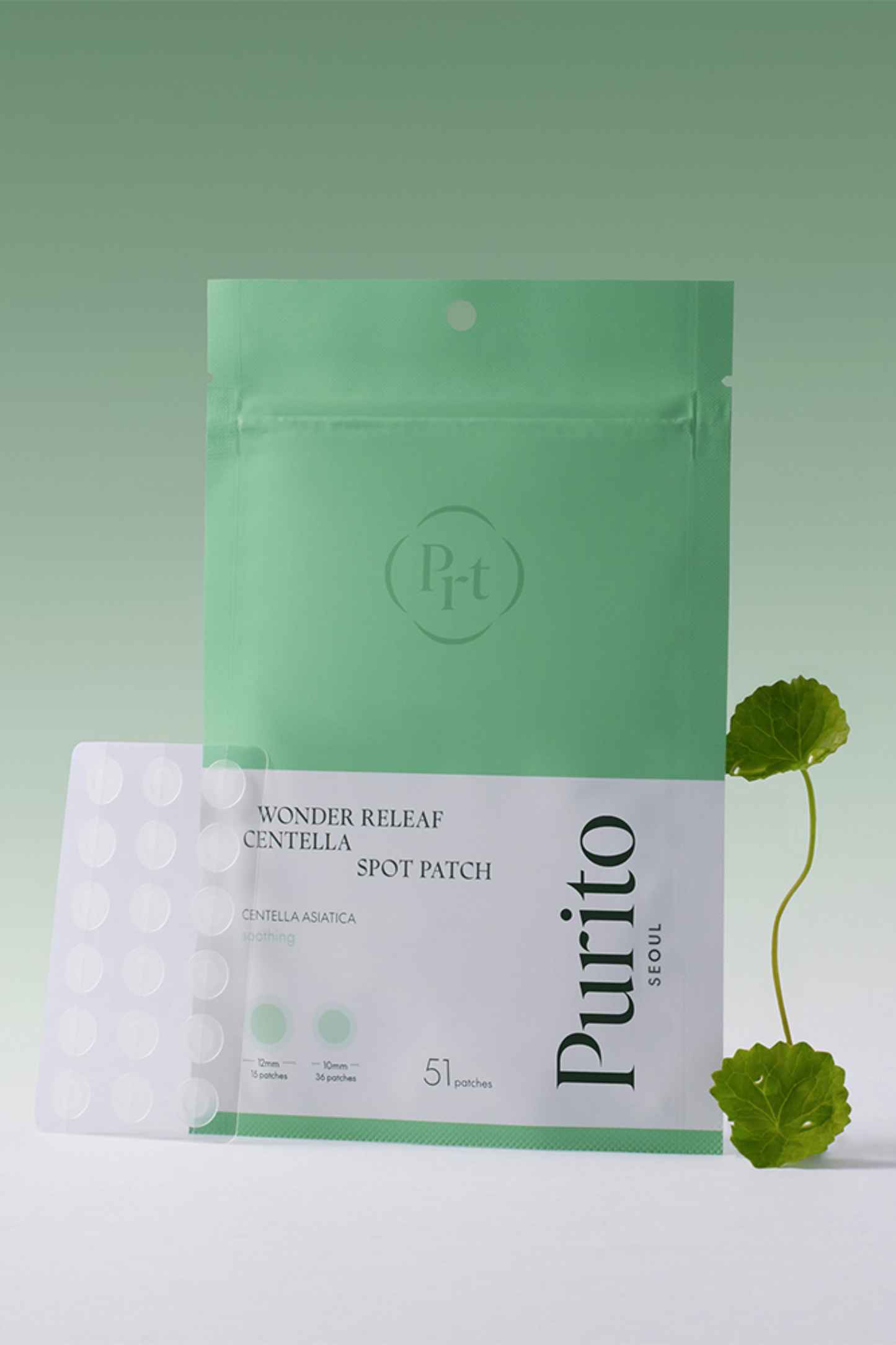 Unopened package of Purito's Wonder Releaf Centella Spot Patches standing upright with a small package  of opened patches and centella plant leaning against it. Available for purchase at Sinless Skincare.