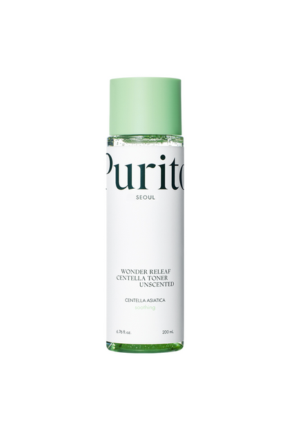 Purito's Wonder Releaf Centella Toner Unscented standing against a white background. Available for purchase at Sinless Skincare.