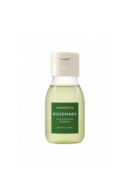 30ml mini bottle of Aromatica's Rosemary Scalp Scaling Shampoo against a white background.