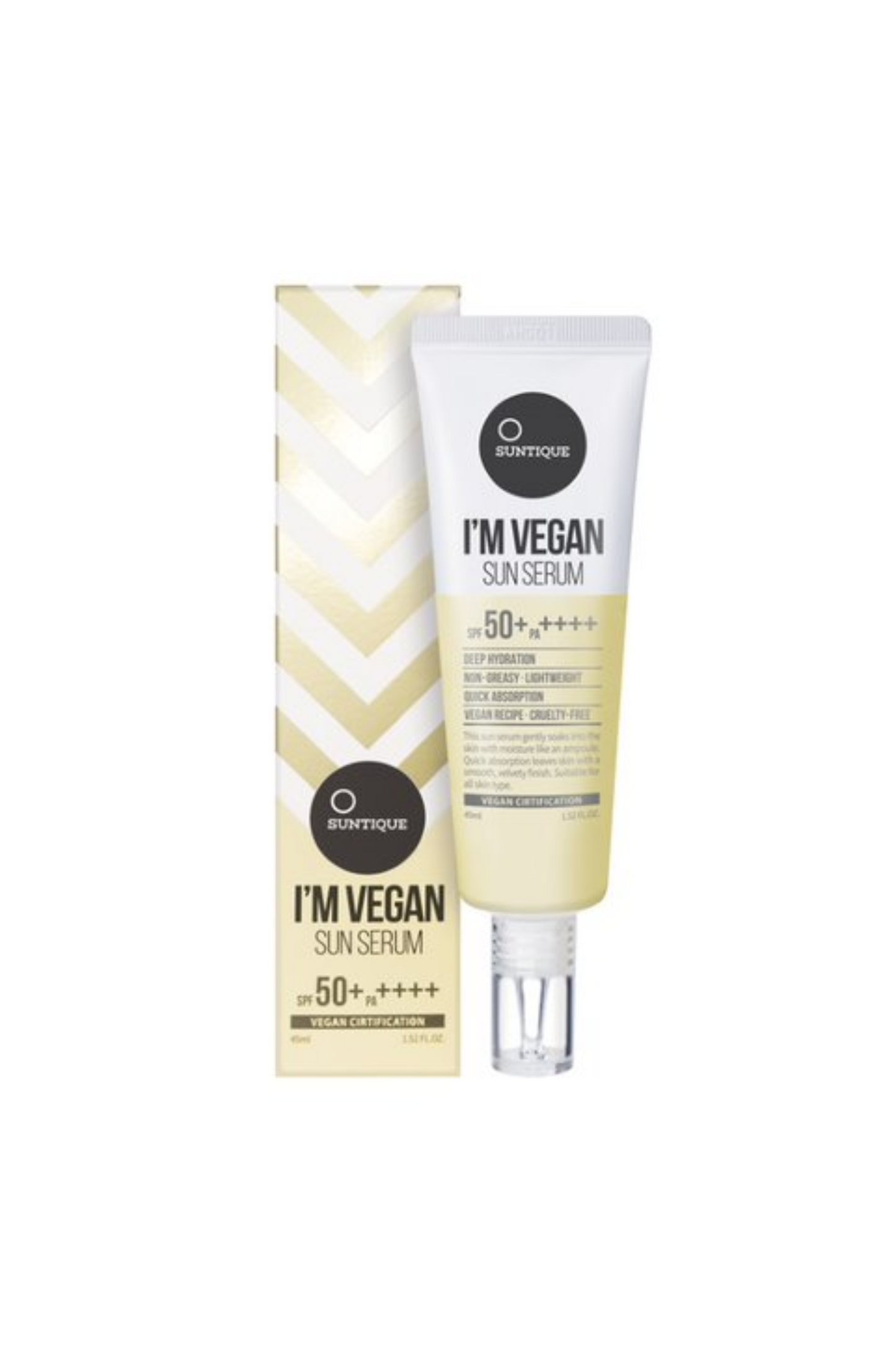 Suntique I'm Vegan Sun Serum sunscreen tube and box against a white background.