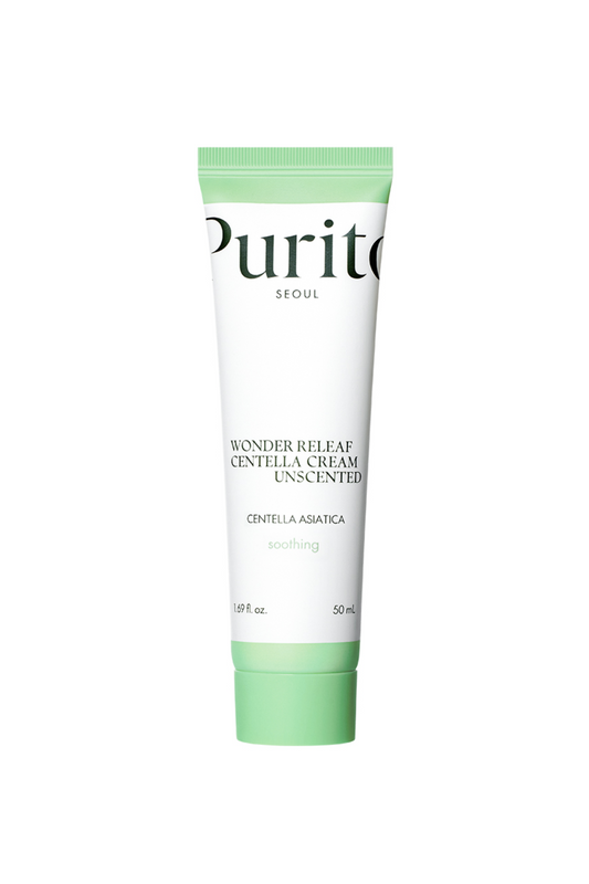 Purito's Wonder Releaf Centella Cream Unscented against a white background. Available for purchase at Sinless Skincare.