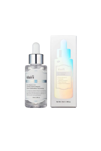 Bottle of Klairs' Freshly Juiced Vitamin Drop standing next to its box against a white background. Available for purchase at Sinless Skincare.